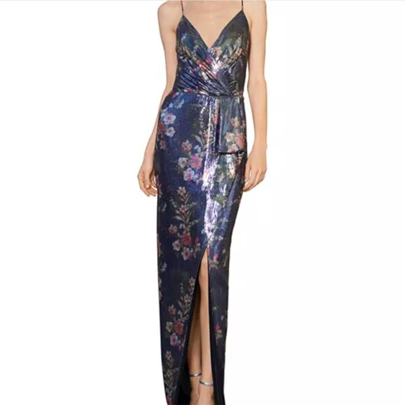 ML Monique Lhuillier Size 16 Floral Sequin Surplice Gown - Picture 1 of 9